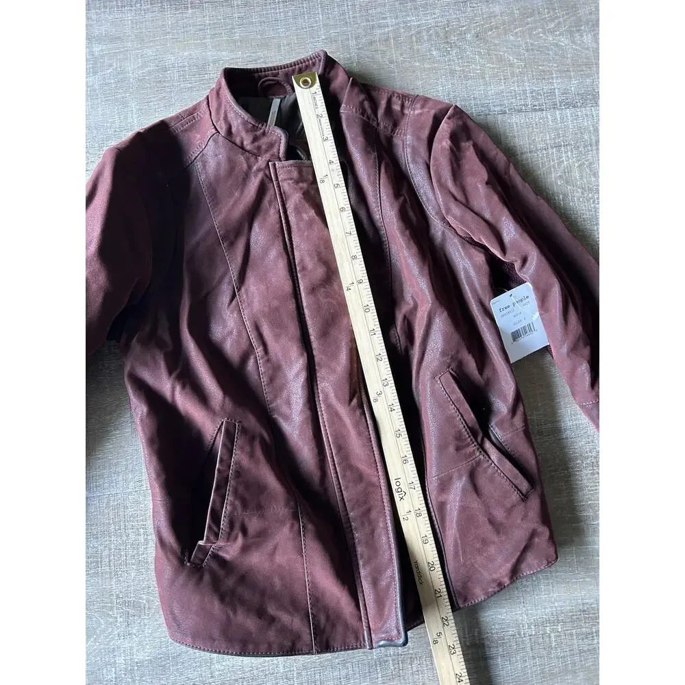 Free People Moto Jacket Womens 4 Burgundy Vegan Faux Leather Boho Biker NWT